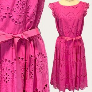 Bubblegum hot pink eyelet lace dress midi fit flare short cap sleeve‎ belt waist